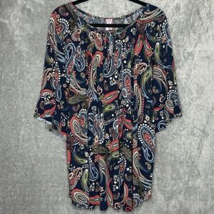 Honeyme Curvy XXL 2X Shirt Top Navy Blue Paisley Flutter Short Sleeve Scoop Neck